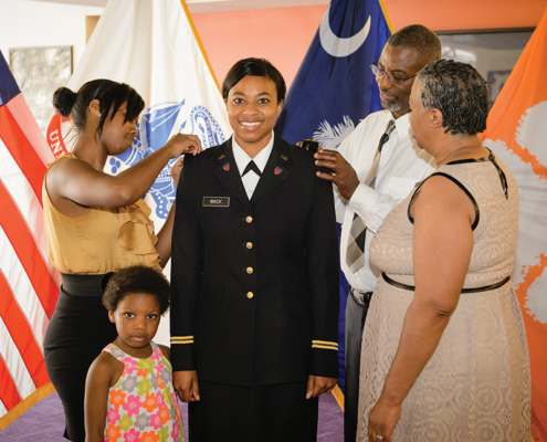 Sharosca Mack ’14, an economics major from Loris, was commissioned as a second lieutenant in the Army at a joint Army and Air Force ceremony on May 8.