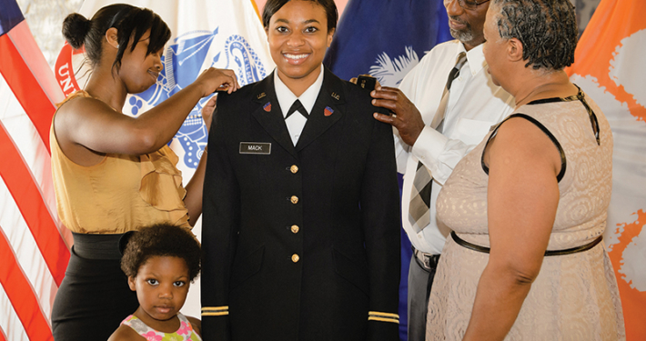 Sharosca Mack ’14, an economics major from Loris, was commissioned as a second lieutenant in the Army at a joint Army and Air Force ceremony on May 8.