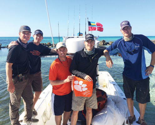 Bahamas Will Krause ’11, Brian Lovelace ’09, Scott Sampson ’08, M ’10, Chandler Martin ’11 and Ryan Martin ’11 take along a Tiger Rag for a fishing trip in the Abacos.