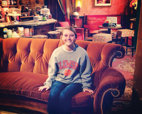 California Shelley Neal ’15 displays her Clemson pride on the set of “Friends” at the Warner Brothers Studio in Burbank.