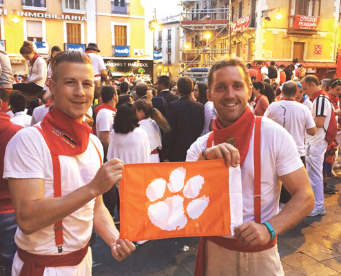 Spain Todd Fernley ’09 and Joe Colduvell III ’09 summon some Clemson spirit for courage at the Running of the Bulls in Pamplona.