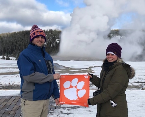 Wyoming: Bryan J. Hamby ’10 and his sister Heather Hamby Hill ’12 paid Old Faithful a visit in Yellowstone National Park, December 2018.