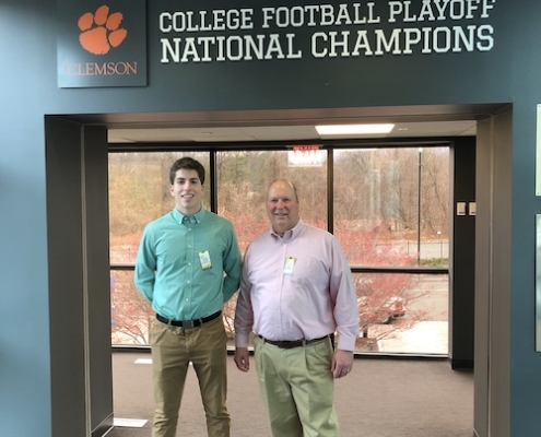 Connecticut: Drew Hyde ’84 and his son, Greg, toured ESPN headquarters in Bristol. “In the National Championship hallway is a display of all the D-1 football teams’ logos. You can press any of the logos and it will activate the playing of that school’s fight song. Yes, we heard ‘Tiger Rag’!”