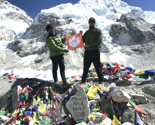 Nepal: Victor Quintero ’14, right, hiked to Mount Everest Base Camp, which sits at 17,600 feet, with his guide, Jamling, in October 2018.