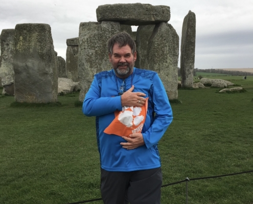 England: James E. Corley Jr. ’76 pulled out his Tiger Rag in front of the iconic Stonehenge in the English countryside.