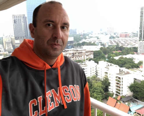 Thailand: Russ Gimson ’99 snapped a selfie overlooking Bangkok wearing his Clemson sweatshirt.