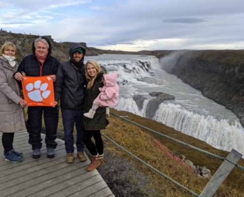 Iceland: Laine '77 and Ed ’76 Wiedemann and Duane '11 and Emily '12 Ensor with their daughter Townes traveled to Gullfoss Falls in southwest Iceland.