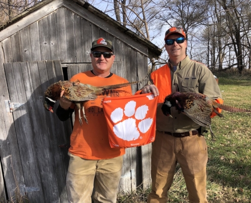 Iowa: George McCutchen ’94, right, traveled to Iowa to hunt pheasants with his friend Jason Webb, “who operates a large trucking company all over the U.S. from Des Moines — educating all of Iowa on the reach and pride of Clemson!”