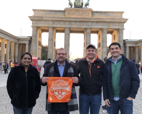 Germany: Jyothi Rangineni ’09, Noah Chitty ’00, Ryan Marino ’07, Bill Griese ’06 and Elizabeth Chitty ’04 (not pictured) visited Berlin during the 30th-anniversary weekend of the fall of the Berlin Wall.
