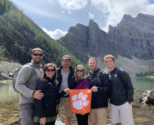 Canada: Kyle ’14, Jacqueline Fontana ’13, Keith ’83, Gina Berger ’84, Blake ’12 and Luke ’21 Summer visited Lake Agnes in Banff National Park during a family vacation in August 2019.