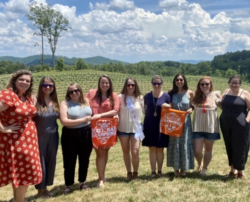 North Carolina: From left to right, bridesmaids Lindsay Healey ’11, Ashley Rauenzahn ’11, Allender Contarino ’11, Catherine Stelling ’11, bride Jamie Ranck ’11, and bridesmaids Jennifer Underwood ’04, Veronica Acosta ’11, Bracey Wood ’11, and K.D. Gerwig ’11 celebrated Ranck’s bachelorette party at Marked Tree Winery in Flat Rock.