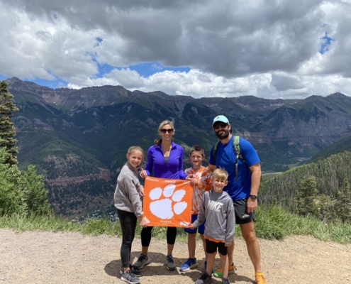 Colorado: Rob ’04, M ’06 and Jennifer ’04, M ’06 Green traveled to Telluride for a two-week vacation with their children, Olivia, Michael and Thomas — and their Tiger Rag!