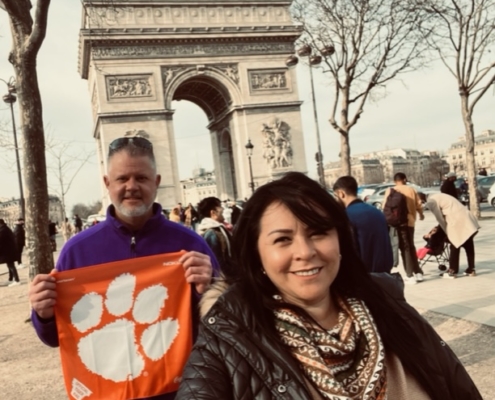 France: Michael Kay ’95 works as a special effects engineer in the movie industry. He visited Paris on location, and proudly displayed his Tiger Rag.