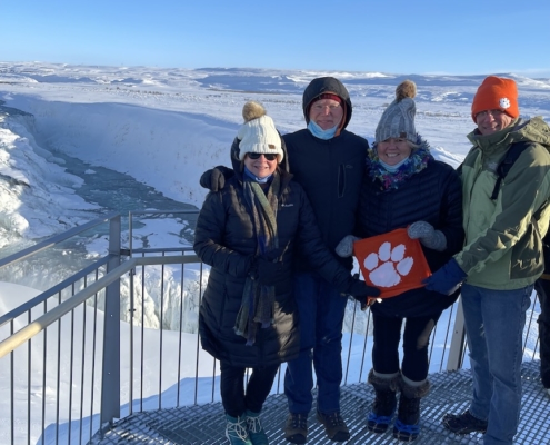 Iceland: Clarke ’83, Kathy Unger ’84 Moore and Roy and Kathy Watkins (P ’07, P ’11) — Clemson Football tailgating buddies — traveled to Reykjavík and toured an area of the country known as the Golden Circle. This shot was taken at Gullfoss Waterfall.
